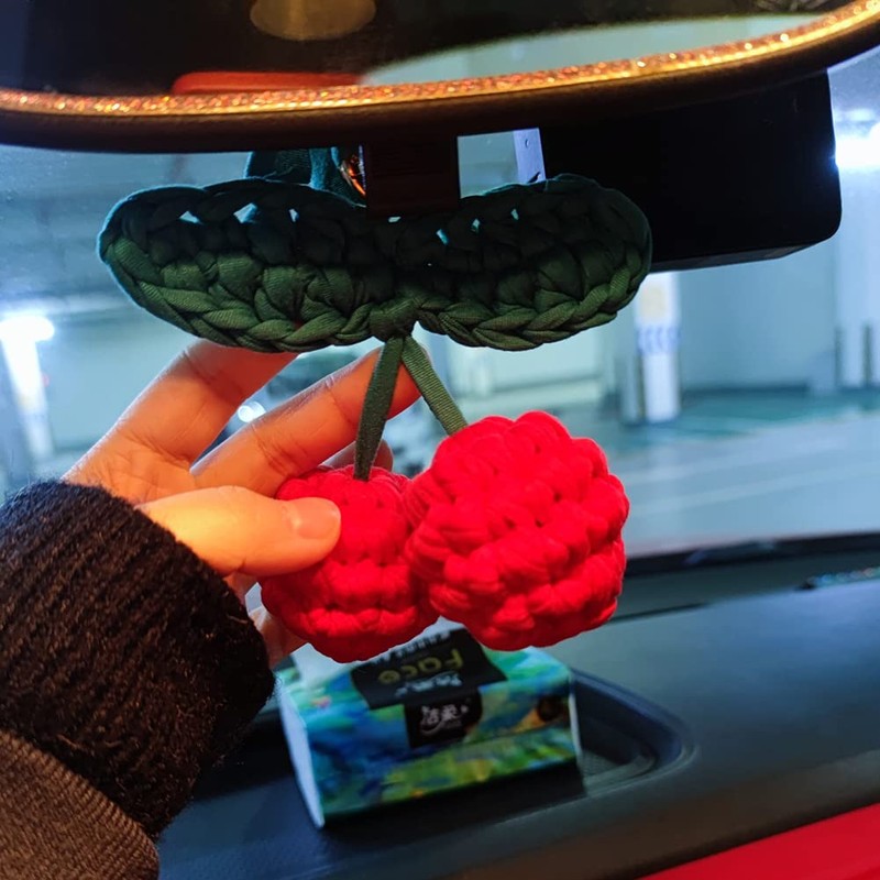 AMIORO Hand Knitted Cherry Pendant Hanging Ornament for Car Rear