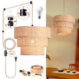 Ziqqeelam Rattan Plug in Pendant Light, 3 Tier Plug in Chandelier with Boho Wicker Lampshape Hanging Lamp, Hanging Lights with Plug in Cord for Living Room Bedroom Dinning Island,16.4ft Cord