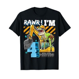T Rex Dinosaur Construction Hat Excavator 4th Birthday Boys T-Shirt