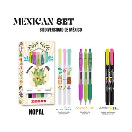 Zebra Mexican Sets - Biodiversidad - Nopal: 2 Resaltadores J-Roller HL + 3 Plumones Doble Punta Mildliner Pet It + 3 Rollerball Sarasa Clip Spring Estuche 8 Piezas Multicolor.
