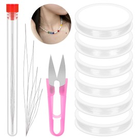Keadic 12Pcs Clear Rolls Elastic String Assortment Set with Beading Needles and Cutter, 0.4/0.5/0.6/0.7/1MM Elastic Bead Bracelet Cords, Jewelry Making Thread for Clay Beads, Pony Beads