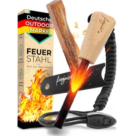 Outdoor Fire Steel 8 mm, Flint with Wooden Handle for Maximum Flying Sparks, Fire Steel Tinder, Survival Kit, Fire Steel Set: Magnesium Fire Starter + Paracord + Emergency Whistle + Bag + Firewood