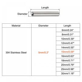 sourcing map 5 x 15 mm Dowel Pins 304 Stainless Steel Round Head Flat Fasteners Pack of 20
