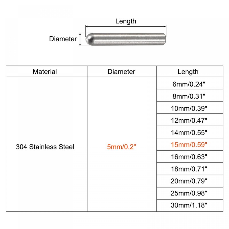 sourcing map 5 x 15 mm Dowel Pins 304 Stainless