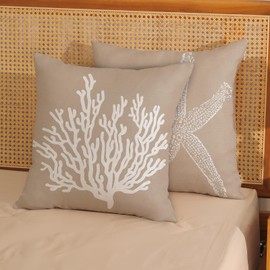 Coastal Pillow Covers 18x18 Inch Set of 2 Brown Tan Coral Starfish Throw Pillows Summer Nautical Beach Ocean Decorations Linen Pillowcase Outdoor Decor Farmhouse Cushion Case for Home Bedroom