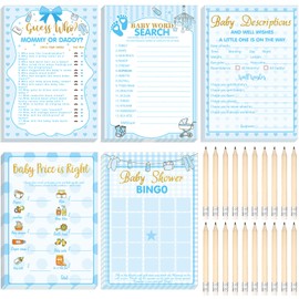 Yinder 145 Pieces Baby Shower Games for Boy or Girl Game Activities Cards with 20 Pencils Includes Baby Bingo Description and Wishes Guess Who Baby Price is Right, Word Scramble Game(Blue Style)