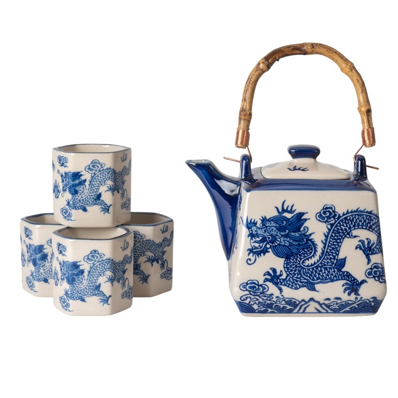 Oriental Dragon Porcelain Square Shaped Tea Set 20 fl oz