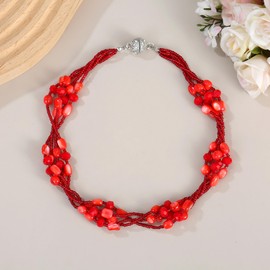 Xalroco Colorful Natural or Synthetic Gemstone Choker Necklace for Women, Statement Shell Crystal Beaded Multi-Strand Collar Necklace, Moonstone Necklace, Jewelry Gift for Her (Red and Coral)