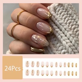 24Pcs French Tip Press on Nails with Glue Acrylic Fake Nails Medium Almond Shape False Nails with Gold Sequin Design Glossy Glue on Nails Reusable Stick on Nails for Women DIY Charm Manicure