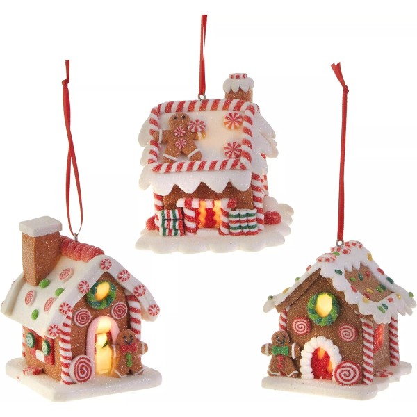 RAZ Imports Set of 3 Hanging Lighted Gingerbread Claydough House