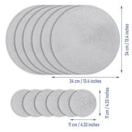 wiipara Round Woven Placemats Set of 6 Heat Resistant Round Braided Table Mats, 34 cm Washable Table Placemats and Coaster Sets for Dining/Kitchen Table, Party, Wedding (Grey)
