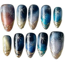 Handmade Press On Nails Medium Almond Shape Stunning Galaxy Cat Eye Effect with Silver Stars & Gold Foil Accents | Multicolor Aurora Tones| Reusable Acrylic False Nails (Stellar, M)