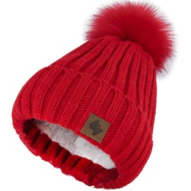 4sold Men's Women's Worm Winter Style Beanie Knitted Hat with Fur Pom Pom Bobble Hat Knitted Bobble Hat Plain Ski Pom Wooly with Full Cosy Fleece Lining -