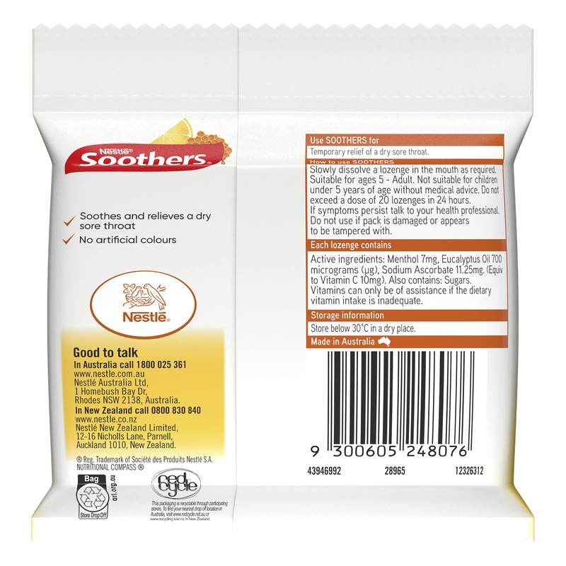 Soothers Honey and Lemon Sore Throat Lozenges 30 Pack, 120g