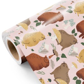 WRAPAHOLIC Capybara Wrapping Paper Roll - Mini Roll - 17 Inch x 16.5 Feet - Cute Capybara and Mushroom Design Perfect for Kids Birthday, Capybara Lover, Animal Lover