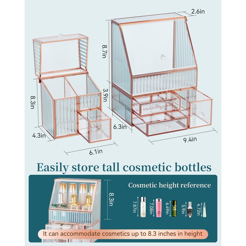 Youdepot Glass Makeup Organizer - Multi-Functional 3-in-1 Cosmetic Organizer for