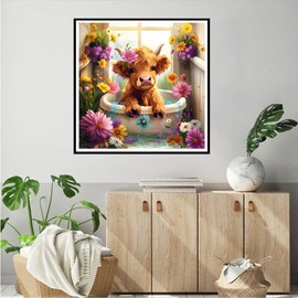 QQYRHN Highland Cow Diamond Painting Kits for Adults Beginners, 5D Bathtub Diamond Art Kits, DIY Round Full Drill Flowers Diamond Dots Diamond Art with Painting Kits for Home Wall Decor 12x12 Inch