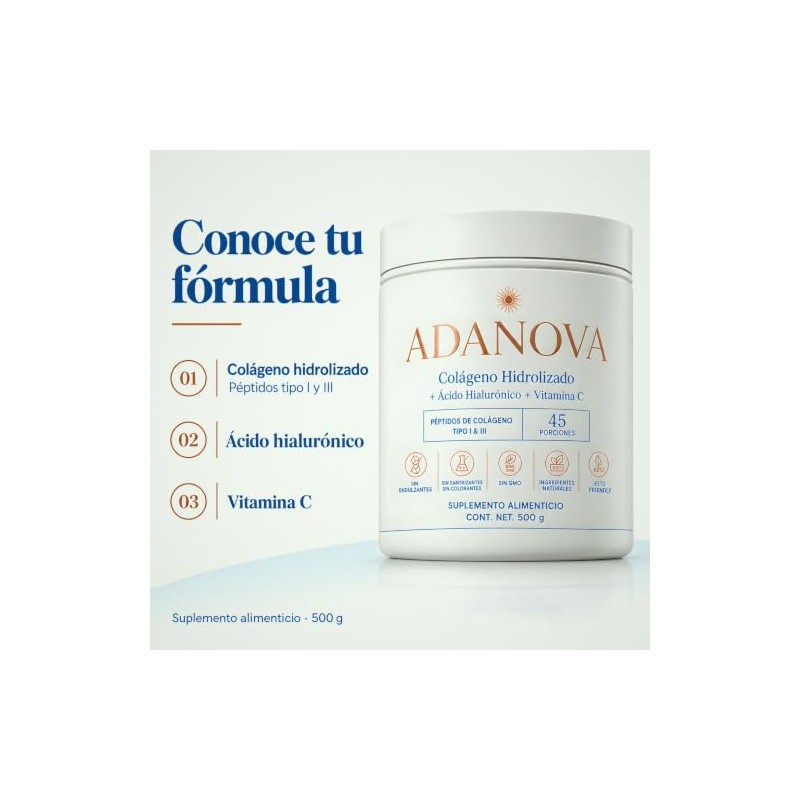 Adanova Colágeno Hidrolizado Polvo Ácido Hialurónico Vitamina Péptidos Bovinos Tipo