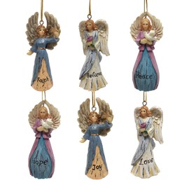 Angel Christmas Ornaments - Set of 6 - Hand-Painted & Engraved with Words - Faith, Believe, Hope, Love, Joy, Peace - Xmas Décor