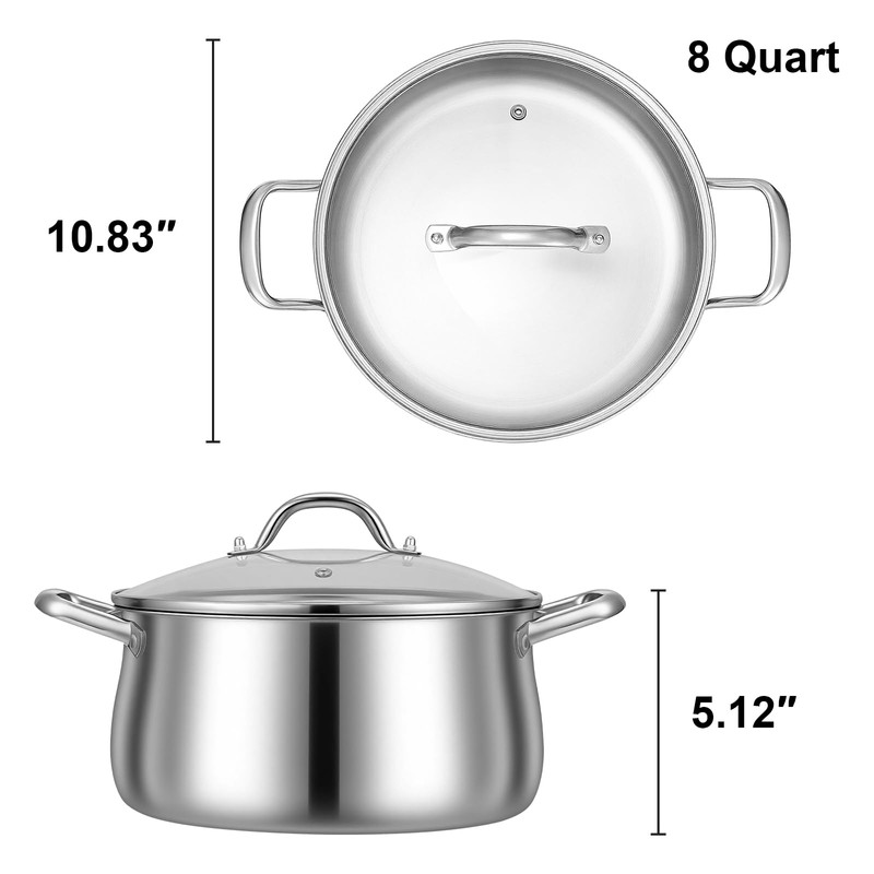 Tifanso 8QT Tri-Ply Stainless Steel Induction Stock Pot with Lid