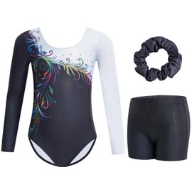 Gogokids Girls' Three Piece Long Sleeve Gymnastics Jersey Set - Children's Gymnastics Outfits with Colour Gradient Sequin Design, Includes Gymnastics Jersey, Shorts and Headband, Sparkling Ballet