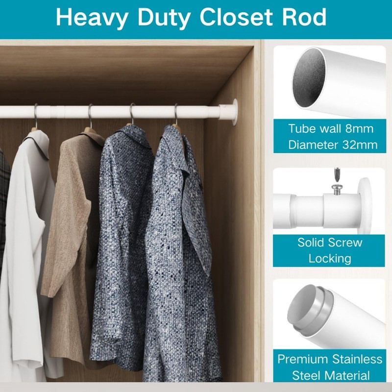 Wardrobe Rail, Heavy Duty Clothes Rod with End Sockets, Adjustable