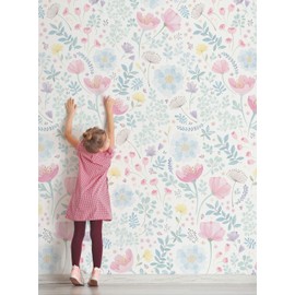 Simple Shapes Whimsy Floral Watercolor Mural Wall Art Wallpaper - Peel and Stick (2 Sheet Pack (2x8 feet), Pink Blue)