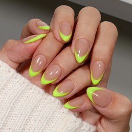 KQueenest Neon Green French Tip Press On Nails Short Almond, 30 Pcs Acrylic Press On Nails With Glue, Glossy Soft Gel Short Fake Nails Press ons, Reusable Natural Nude Glue on Nails for Women Summer