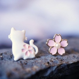 Cat and Sakura Stud Earrings | Pink and Kawaii Aesthetic, Asymmetric Studs - Cute Pink Cherry Blossom Asymmetric Mismatched, Different Earrings, Kitten Flower Earrings, Acrylic, No Gemstone