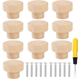Leonshco Pack of 10 Wooden Furniture Knobs - Natural Solid Cabinet Handles Wooden Cabinet Knob - Drawer Knobs - Handles Dresser with Screwdriver - Easy to Assemble / Smooth and Delicate - 25 x 35 mm