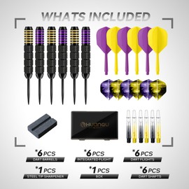 HUANQU 6 Pack Steel Tip Darts,Professional 24 Grams Metal Dart Set，6 Extra Flights & Shafts, Dart Sharpener, Dart Storage Box, Integrated Dart Flights and Shafts ，Beginner or Professional Darts