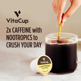 VitaCup Lightning Coffee Pods, for Memory & Focus w/ 2X Caffeine, Green Coffee Bean, B Vitamins, D3, Strong Dark Roast, Single Serve Pod Compatible with Keurig K-Cup Brewers,32 Ct