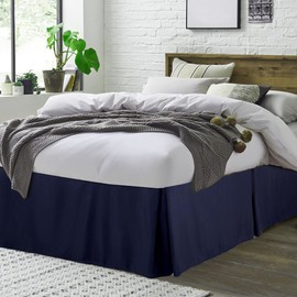 PiccoCasa Pleated Bed Skirt Classic Polyester Dust Ruffled with 14 Inch Drop Navy Blue Full