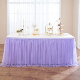 167in Lavender Tulle Table Skirts for Rectangle Tables 6/8ft, 2-Layer Gold Grim Lilac Purple Ruffle Tulle Tutu Cloth Table Skirt 14ft for Mermaid Birthday Party Baby Shower Dessert(No Table Cover)