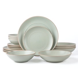 ARORA RINGAR Round Stoneware 16pc Double Bowl Dinnerware Set for 4, Dinner Plates, Side Plates, Cereal Bowls, Pasta Bowls - Speckle Matte White (405878)