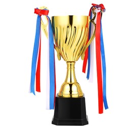 NUOBESTY Gold Award Trophy Cups, Golden Metal Trophies Cup with Ribbon for Competitions School Rewards Game Prize Party Decoration