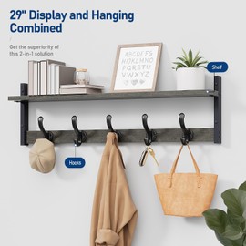 Tatub 29" Rustic Coat Rack Wall Mount with Shelf, Entryway Wall Hooks with Shelf, Coat Hangers for Bathroom, Living Room, Bedroom, Dark Grey
