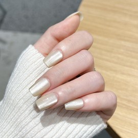 Yellow Press on Nails Short Square Fake Nails Shiny Glitter Acrylic Nails Glossy Cat Eye False Nails Press on Full Cover Gel Glue on Nails White Stick on Nails for Squoval Manicure 30Pcs