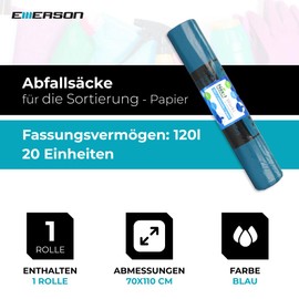 Emerson 10 Tear-Resistant Bin Bags, Extra Strong Waste Bags, Pack of 1, Blue Rolls, 120 L with Drawstring, Capacity 70 x 105 cm, Sturdy Bin Liners Made of Environmentally Friendly Recycled Film