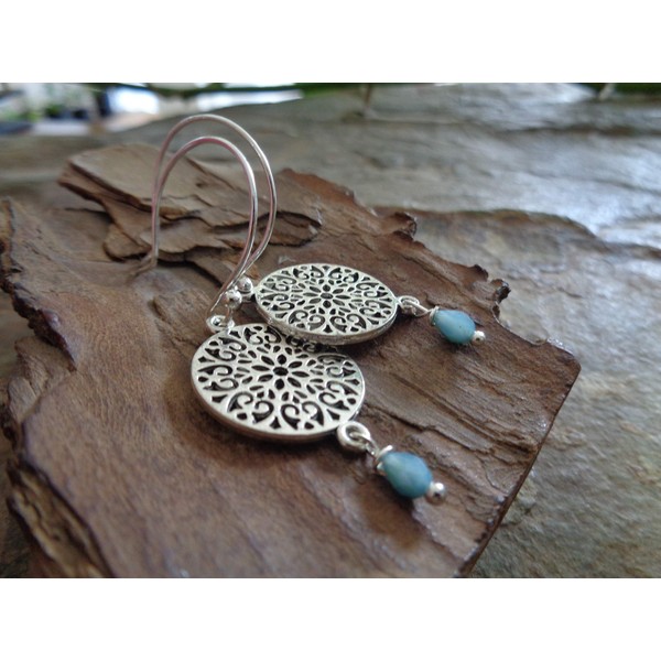 Large delicate mandala and blue crystal: cut-out, long hook earrings