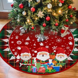 Christmas Tree Skirt 36in, Santa Claus Large Red Plaid Christmas Decor for Tree, Xmas Tree Mat for Christmas New Year Holiday Party Decor