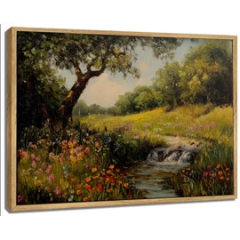 Framed Canvas Wall Art Vintage Decor Poplars Stream Nature Landscape Painting Picture Wall Decor Rustic Flower Cottagecore Print Artwork for Bedroom Living Room Bathroom Home Decoration