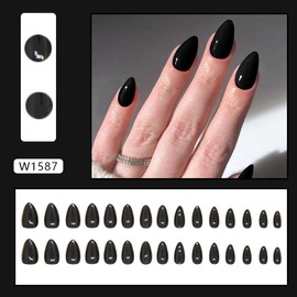 24Pcs Press on Nails Medium Short Almond French Tip with Black Design Acrylic Nails Fake Nails Thick Glossy Full Cover Glue on Nails Stick on Nails for Women W1587