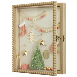 Love-KANKEI Shadow Box Frame 11x14, Deep Large Shadow Box Display Case with Unique Beads Door and Glass Window, Wood Memory Box for Pictures,Medals,Memorabilia,Collections Natural