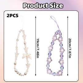 MEKEET 2PCS Phone Charm Strap White and Purple Phone Bracelet Strap Crystal Butterfly Flower Pearl Phone Wrist Strap Beaded Phone Bracelet Lanyard for Ladies Girls Women