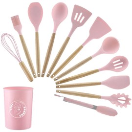 Vivicreate Silicone Cooking Utensils Set with Wooden Handles & Holder – 446°F Heat Resistant Non-Stick Kitchen Utensil Set, BPA-Free Silicone Kitchen Gadgets for Cooking, Baking & Frying (Pink)