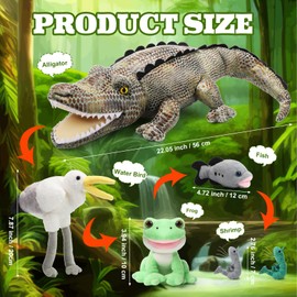 Leyndo 6 in 1 Alligator Plush Toy Set Large Crocodile Stuffed Animals Hold Plush Frog Water Bird Fish Shrimp, Interactive Educational Food Chain Toys for Kids Students Gift Birthday(Cool Style)