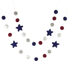 Fourth July American Flag Garland- 1" Felt Balls, 2" Stars- Burgundy Red, Navy Blue, Gray, White- USA Memorial Day Party Decor Mantle Banner