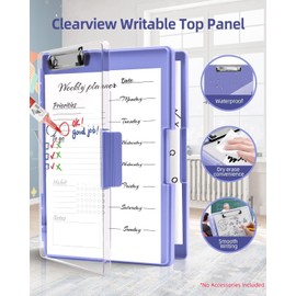 Clearview Clipboard with 2 Storage, Dry Erase 8.5x11 Heavy Duty ClipBoards - High Capacity Coaches Clip Board with Pen Holder - Side Opening Plastic Nursing Clip Case (Light Purple)