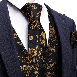 Barry.Wang Mens Black Gold Flower V-neck Suit Vest Formal/Leisure Silk Waistcoat Tie Set 5PCS